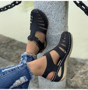 Resim Siyah Kadın Düz Renk Trendy Sandalet, Kapalı Toe Platform Topuktan Bağlamalı Retro Ayakkabı, Çok Yönlü Yaz Düşük Dolgu Ayakkabı Siyah 