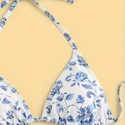 Resim Çiçek Desenli 3 Parça Set Bikini, Halter V Yaka Kravat Geri Yüksek Kesim File Kapak Yukarı Etek Mayolar, Kadın Mayo ve Giyim Üçgen Üst 