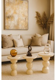 Resim Doğal Krem Renk Ahşap Mantar Sehpa 3 Lü Şık Zigon Takımı Beyaz 