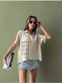 Resim Adisia Kadın Keten Oversize Krem Dantel Detay Kısa Kollu Gömlek Krem 
