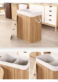 Resim İki Bölmeli Bambu Naturel Çamaşır Sepeti - Mega Katlanabilir Çamaşır Sepeti Ahşap 