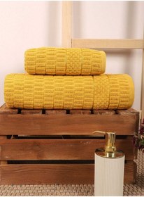 Resim 2 Parça Banyo Havlu Takımı %100 Pamuklu Çubuk Desen Sarı Renkli 