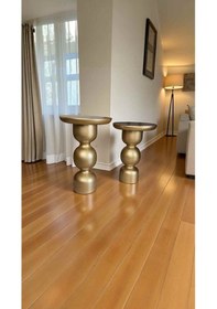 Resim Ahşap Yan Sehpa 2 Li Altın Renk Mantar Sehpa Takımı Kahverengi 