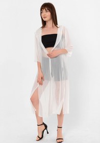Resim Laranor Ecru Kapüşonlu Yırtmaç Detaylı Şifon Kimono&bikiniüstü 