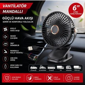 Resim Mandallı Araç İçi Vantilatör 6 İnç 360 Dönebilen Usb Ve Çakmaklık Uyumlu Sessiz Fan 