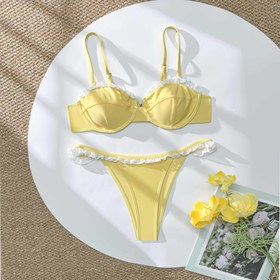 Resim 2 adet Altın Dantel Bikini Seti Kadınlar için - Çift Askılı V-Yaka Arka Bağlama, Yüksek Kesim Mayo ile Kontrast Bağlama, Plaj ve Havuz için Mükemmel, Mayo|Dantel Detaylı Bikini|Esnek Kumaş 