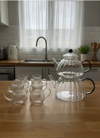 Resim Cam Çaydanlık Ve Bardak Seti Siyah Siyah 