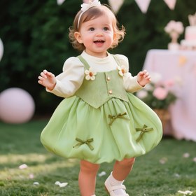 Resim Kızlar için Sonbahar ve Kış Faux İki Parça Çiçek Kurdele Uzun Kollu Prenses Elbise, Yeşil Sevimli Parlak Parti Elbisesi Küçük Kızlar için Doğum Günü, Dış Mekanlar, Partiler, Tatiller ve Özel Günler için Mükemmel 