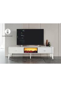 Resim 2 Kapılı Beyaz/gümüş Uzaktan Kumandalı Smart Şömineli Tv Sehpası Beyaz - Gümüş 