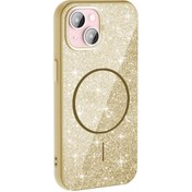 Resim Mobilzone iPhone 15 Plus Kılıf Magsafe Şarj Özellikli Parlayan Simli Zore Okso Kapak - Gold 