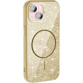 Resim Mobilzone iPhone 15 Plus Kılıf Magsafe Şarj Özellikli Parlayan Simli Zore Okso Kapak - Gold 