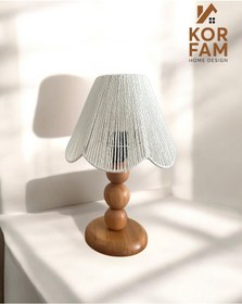 Resim Rosalinda Abajur - Beyaz Hasır El Yapımı Bohem Asimetrik Şekilli Ahşap Ayaklı Rustik Abajur Çok Renkli 