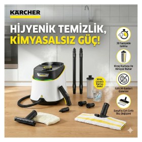 Resim Karcher Kimyasalsız Yüzde 99 Hijyen Sağlayan Buharlı Temizlik Makinesi 3.5 Bar Buharlı Paspas Yer Silme ve Derz Temizleme Makinesi Kesintisiz Hızlı Isınan Sistem Sc 3 Deluxe 