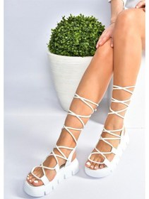 Resim Fox Shoes Beyaz Kalın Tabanlı Bilekten Bağlamalı Kadın Sandalet M 