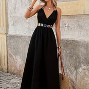 Resim Kadınların Şık Siyah Halter Boyun A-Line Maxi Elbisesi, Gökkuşağı Dantel Detaylı - Bahar/Yaz için Zarif Kolsuz Sundress, Plaj, Tatil ve Günlük Gezintiler için Mükemmel, Plaj Elbisesi 
