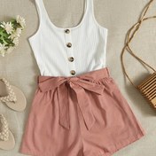 Resim Kadınlar için Günlük Kolsuz Tulum Düğme Detaylı - Beyaz Kabartmalı Tank Top & Şeftali Kemerli Şort Tulum İlkbahar/Yaz için, Makinede Yıkanabilir, Polyester Karışımı 