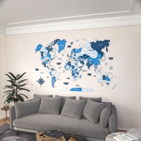 Resim Renkli Baskılı Ahşap Dünya Haritası (Navy) - 240x150 cm / İngilizce 