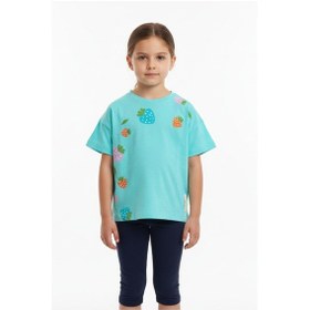 Resim Toontoy Kids Toontoy Kız Çocuk Bisiklet Yaka Düşük Omuz Kısa Kollu Baskılı Tişört 25005 Mint Yeşili 