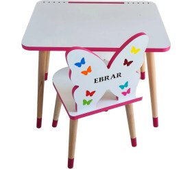 Resim Liva Ahşap Çocuk Masa Sandalye Takımı Tekli Pembe (Kelebekli)- Tablet, Telefon ve Kalemlik Yeri Yaz Sil Özellikli Yüzey 