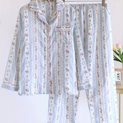 Resim Kadınlar İçin Çift Katmanlı %100 Pamuklu Muslin Uzun Kollu Pijama Takımı - İlkbahar & Sonbahar için Ev Giyimi 