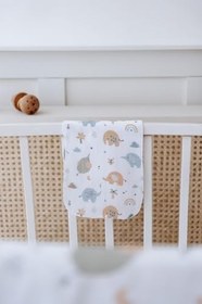 Resim (1054)%100 Organik Pamuk Çift Katlı Fil Desenli Müslin Örtü Seti (100x100 muslin-Üçgen Önlük-Omuz Bezi) Renkli Tek Ebat 