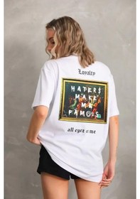 Resim Grafik Baskılı Unisex Retro Beyaz Pamuklu Oversize Tişört 