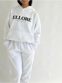Resim Ellore Australia Eşofman Takımı Sweatshirt Jogger - Beyaz Baskılı Oversize Şardonlu Kapüşonlu Beyaz 