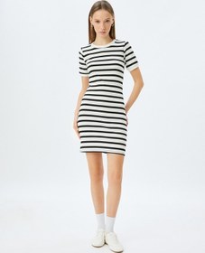 Resim Koton Mini Bisiklet Yaka Kısa Kollu Fitilli Slim Fit Elbise Ekru Çizgili 5sal80021ık Ekru 