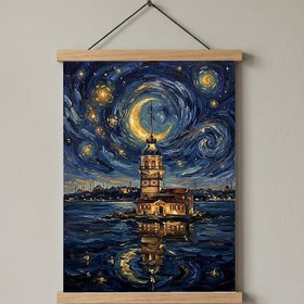 Resim Maiden Tower Istanbul Crescent Moon Print - Van Gogh-Style Bosphorus Wall Art - With Hanger - Wood / 16 x 20" (40x50 cm) 