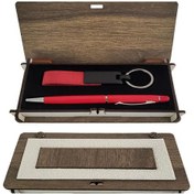 Resim Ahşap Kutulu Kırmızı Anahtarlık Kalem Set Hediyelik 