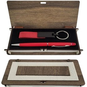 Resim Ahşap Kutulu Kırmızı Anahtarlık Kalem Set Hediyelik 