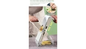 Resim Profesyonel Basmalı Rende Doğrayıcı – 3 Bıçaklı Paslanmaz Çelik Kesme, Mandolin Doğrama ve Rendeleme Aleti – Sebze, Meyve, Peynir, Salata ve Pratik Mutfak Kullanımı Için Ergonomik Tasarım 