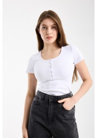 Resim Hdm Kadın Esnek Fitilli Yakası Çıtçıtlı Beyaz Kısa Kol Basic Örme Bluz - H5993-55 Beyaz 