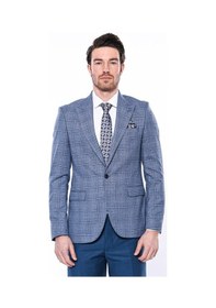 Resim Wessi Ekose Slim Fit Tek Düğme Mavi Erkek Ceket Siyah 