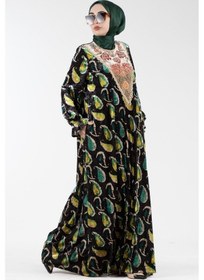 Resim Yakası İşlemeli Şal Desen Kadife Elbise-zümrüt Yeşili-3016-zümrüt Yeşili Zümrüt 