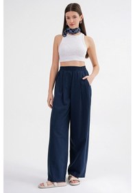 Resim Mixray 4682 Kadın Beli Lastikli Jogger Bol Keten Pantolon Lacivert 