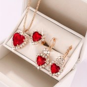 Resim Kadınlar için lüks 4 parça moda takı seti, kristal detaylı kalp şeklinde kırmızı değerli taş, kolye, küpe, yüzük, şık hediye kutusu dahil 