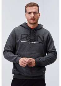 Resim Tommy Life Antrasit Melanj Yazı Nakışlı Standart Kalıp Kapüşonlu Erkek Sweatshirt - 87887 Antrasit Melanj 