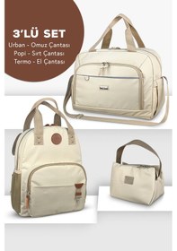 Resim Stylo 3'lü Set Anne Bebek Bakım Sırt Çantası - Urban Anne Bebek Omuz Çantası ve Termos Çanta Bej 