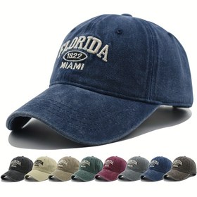 Resim Erkekler ve kadınlar için uygun, birden fazla renk seçeneği bulunan, ayarlanabilir pamuk şapka, 'Florida 1822 Miami' nakış tasarımıyla vintage yıkanmış beyzbol şapkası 