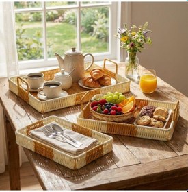 Resim Bucuks İç İçe Geçebilen 3 Lü Dikdörtgen Plastik Rattan Tepsi Seti-çift Renkli Hasır Görünümlü Çok Amaçlı Servis Ve Sunum Tepsileri 