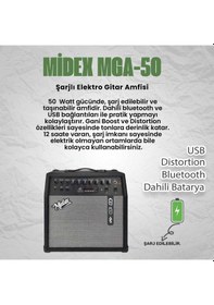 Resim Midex Mga-50-pak Elektro Gitar Amfisi 50 Watt Usb Bluetooth Şarjlı 4 Girişli Mikrofon Kulaklık Stand Kablo 