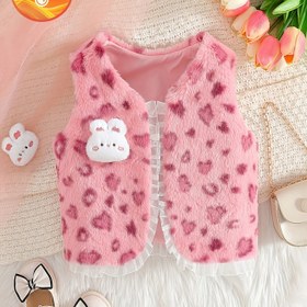 Resim Bebek kız sonbahar ve kış peluş çok amaçlı sevimli tavşan yuvarlak yaka dantel kolsuz yelek bebek kız zarif tatlı leopar desenli yelek yumuşak ve rahat kışlık dış giyim ceket günlük kullanım için şık ve modaya uygun 