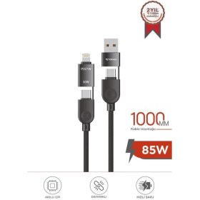 Resim Torima U17 Siyah 4-In-1, Type-C To Type-C And Ligthning -Usb Çoklu Değiştirilebilir Başlıklı 100CM - 85W Hızlı Şarj ve Data Kablosu 