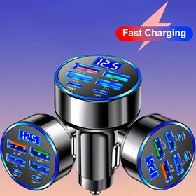 Resim Araba Şarj Cihazı Hızlı Şarj 2 PD ile 4 USB Dijital Ekranlı Araba Hızlı Şarj Cihazı 6-in-1 Mobil Şarj Cihazı Başlığı 7A Otomatik Telefon Adaptörü Otomatik Aksesuarlar 