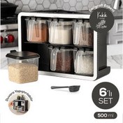 Resim Beyaz Serigrafi Etiketli 6'lı 500 Ml Standlı Kendinden Yapışkanlı Kaşıklı Baharatlık Seti Siyah Vienev