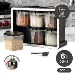 Resim Beyaz Serigrafi Etiketli 6'lı 500 Ml Standlı Kendinden Yapışkanlı Kaşıklı Baharatlık Seti Siyah 