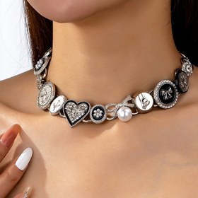 Resim 1parça Y2K Pank Gotik Metalik Düğme Kalp Püsküllü Taklit İnci Kolye Çinko Alaşım Kadınlar İçin Şık Gecelik Takı, Tatil Partisi Aksesuarları, Hediye 