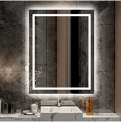 Resim NUUN DEKOR 90x70cm Beyaz Ledli Kumlamalı Banyo Lavabo Ofis Makyaj Kuaför Aynası - Trafolu 