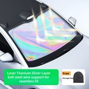Resim Lazer, Titanyum Gümüş ve Elmas Desenli Dört Katmanlı Fiziksel Malzemelerden Yapılmış Güçlü Güneş Koruması, Isı Yalıtımı ve Işık Engellemesi İçin Yüksek Etkili Tek Parça Araba Güneşlik, Ön Cam İçin Tasarlanmış ve Araba İçin Şemsiye Olarak Kullanılır. 